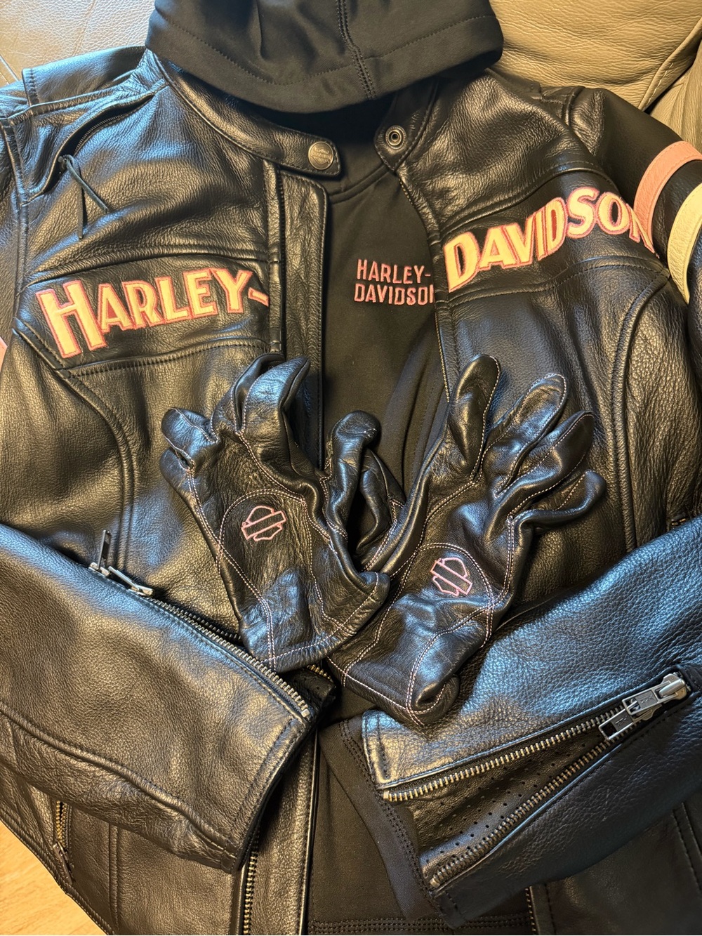 3 piece Harley-Davidson Black & Pink Leather Jacket, Coat, & Gloves